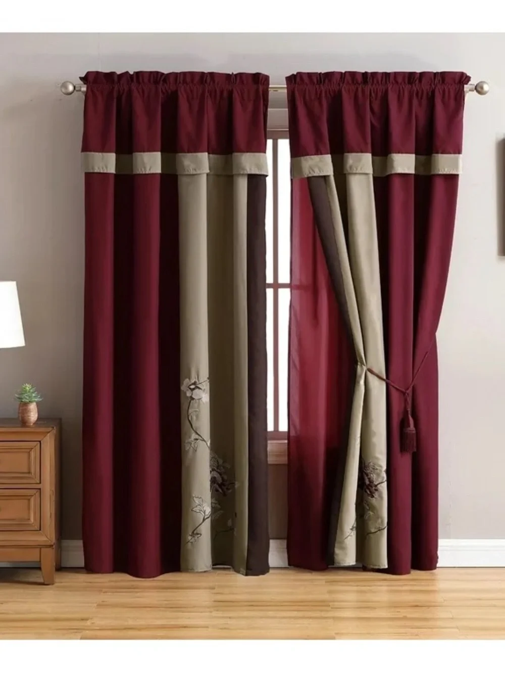 Luxury Two-Tone Burgundy and Taupe Curtain Panels